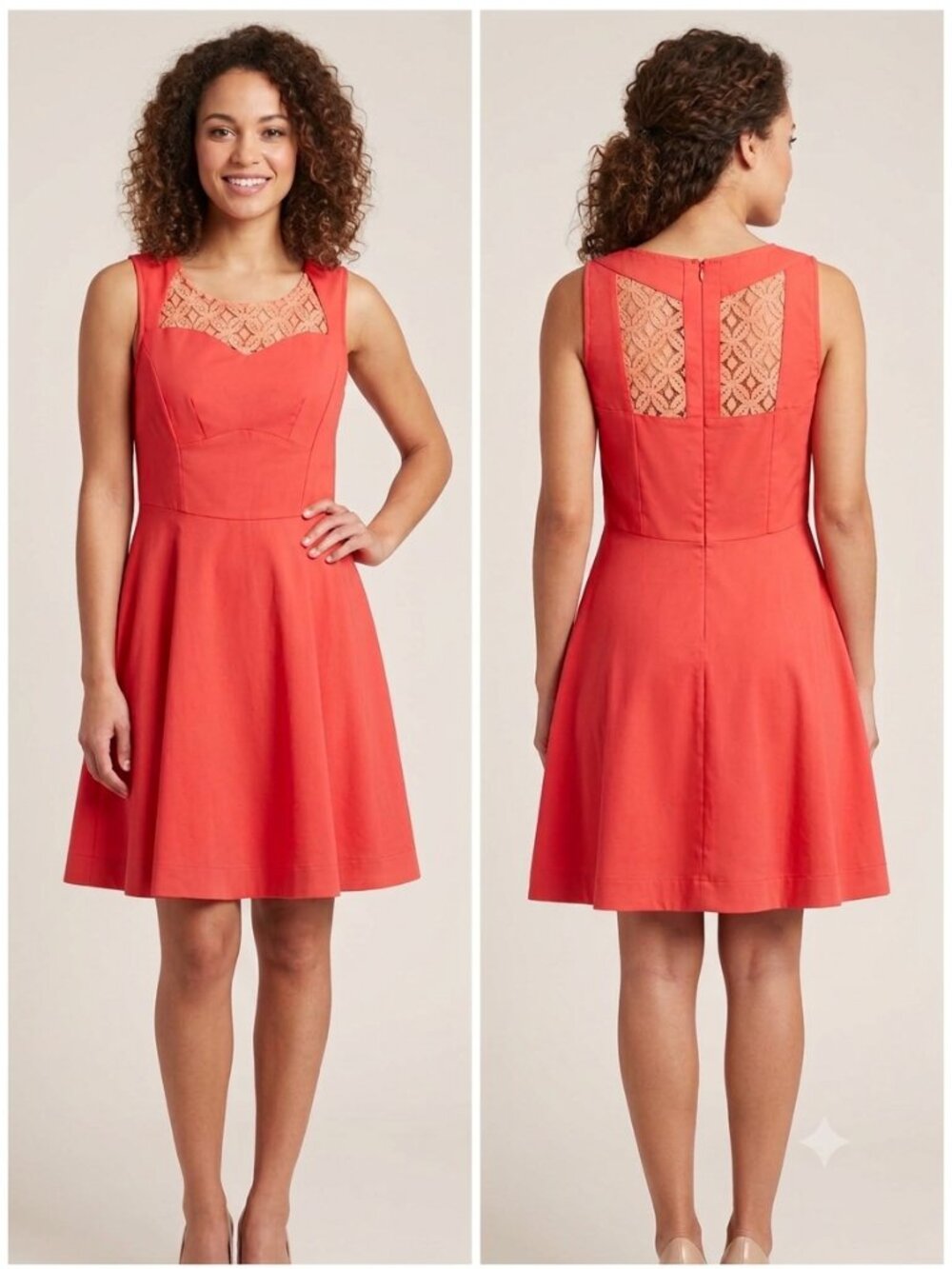 MINUET NWOT Coral Red Lace Yoke Fit & Flare Dress Large Sleeveless A-Line Party